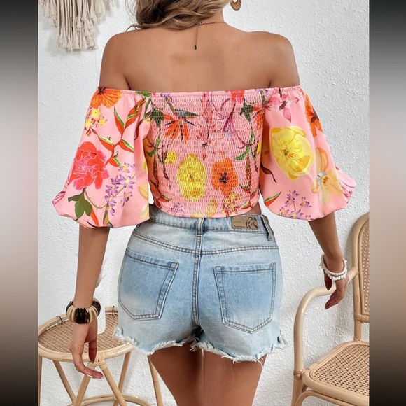 Boho floral print puff sleeve crop top - Picture 3 of 6